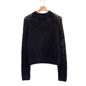 Margaret O’Leary Cotton Blend Mock Neck Open Knit Pullover Sweater Black Medium